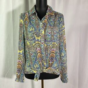 Zac & Rachel Paisley Print Roll-Tab Sleeve Tie Front Button Down Shirt